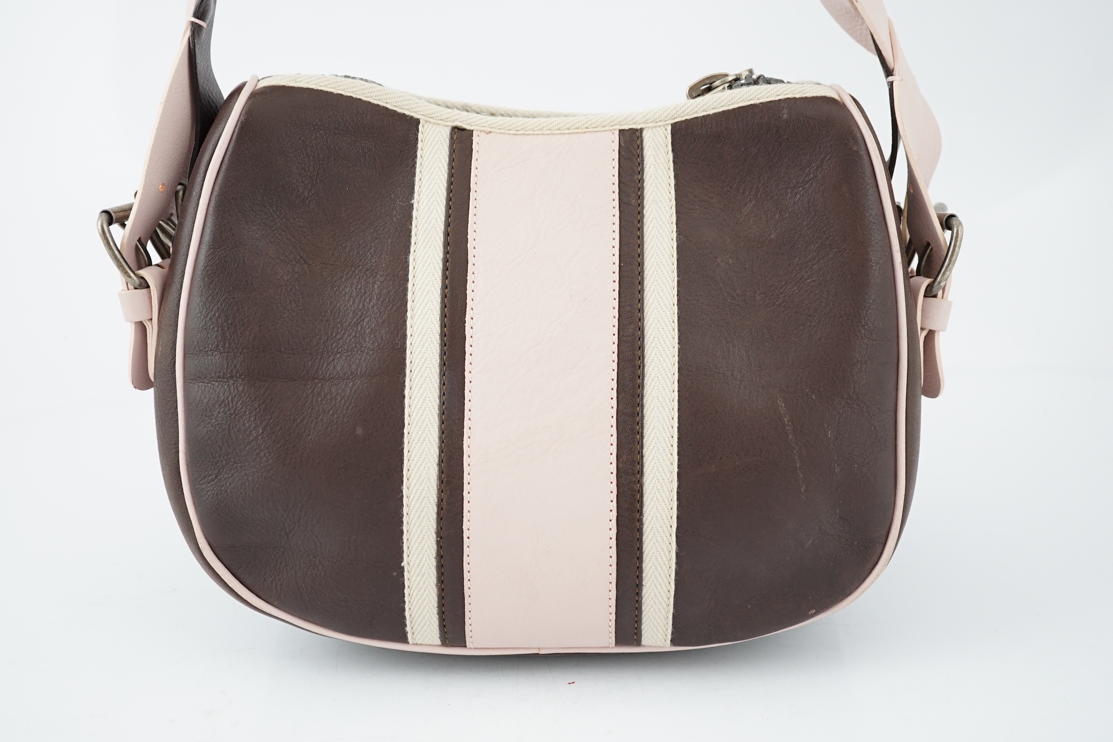 A Moschino Cheap and Chic brown and powder pink shoulder bag, height 18cm, height to handle 30cm, width 28cm, depth 15cm